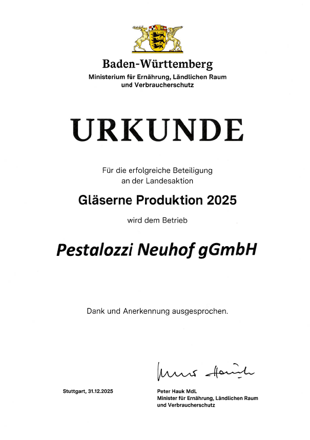 Urkunde Gläserne Produktion